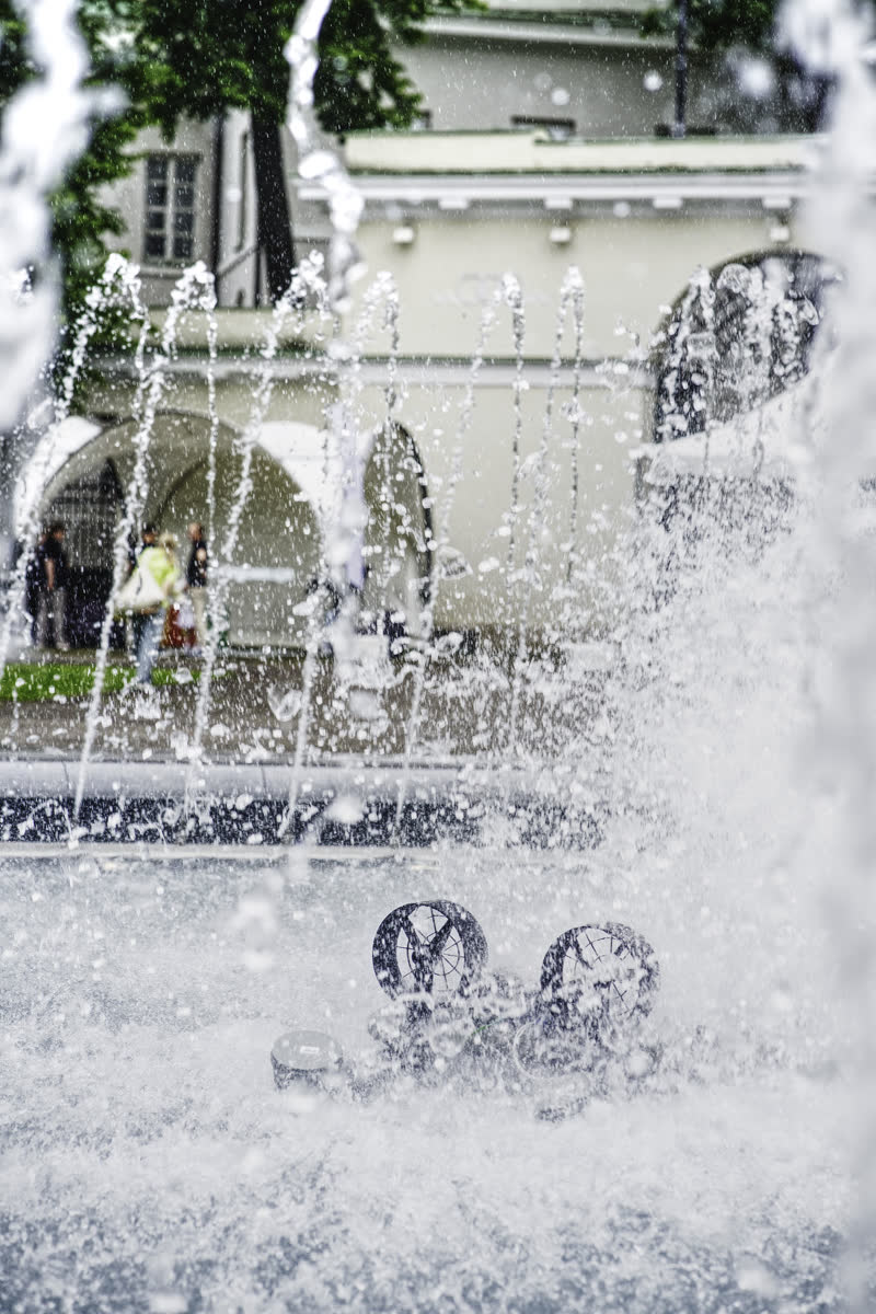 A water-testing drone boat in the Presidential Palace fountain