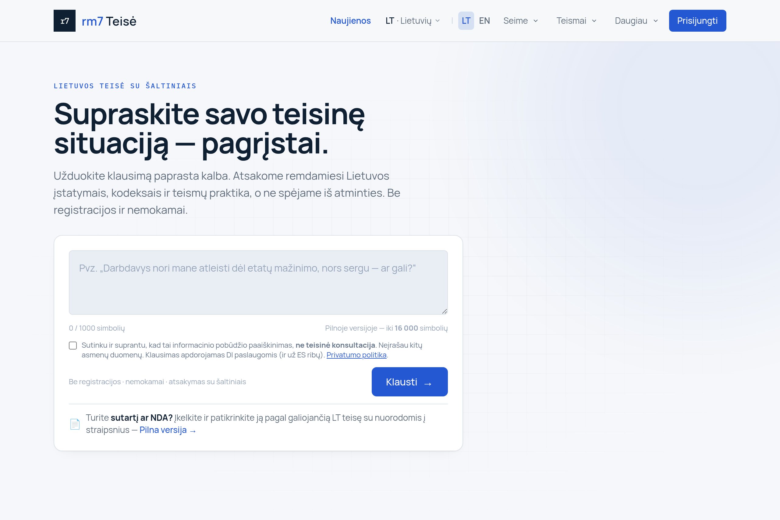 rm7 Teisė — Lithuanian legal AI landing page